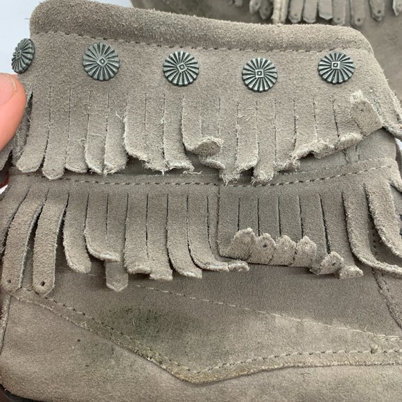 Minnetonka double fringe zip leather boot grey 7 - Picture 3 of 10